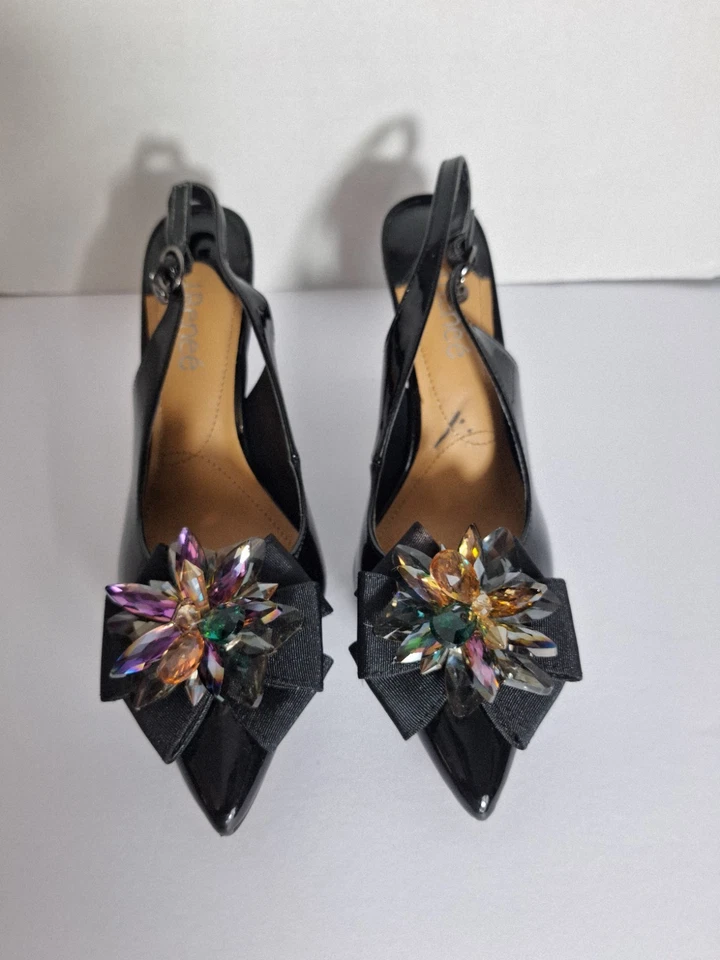 J. Renee Patent Leather Slingback Pumps Women's Sz 8 Black Bow Beaded Old Money - Image 1 of 4