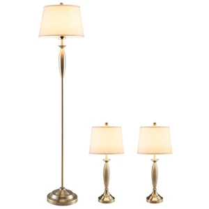 3-Piece Modern Lamp Set with 2 Table Lamps & 1 Floor Lamp Nickel Finish Bedroom - Picture 1 of 9