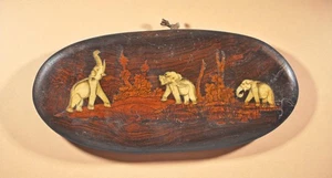 Antique Wooden Wall Décor Panel Elephants Original Old Hand Crafted Inlay - Picture 1 of 5