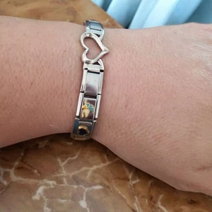 Italian Zoppini Link Bracelet Stainless Steel w Sterling Silver Heart 18K Charm - Picture 1 of 7