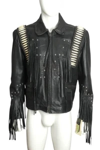 1980s Black Leather Bead & Fringe Jacket, Size Large - Picture 1 of 8