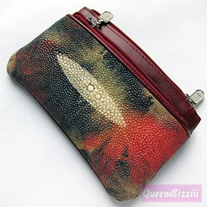 FLOWERS PAINTING DESIGN STINGRAY SKIN LEATHER LUXURY KEYS HOLDER COINS WALLET - Picture 1 of 7