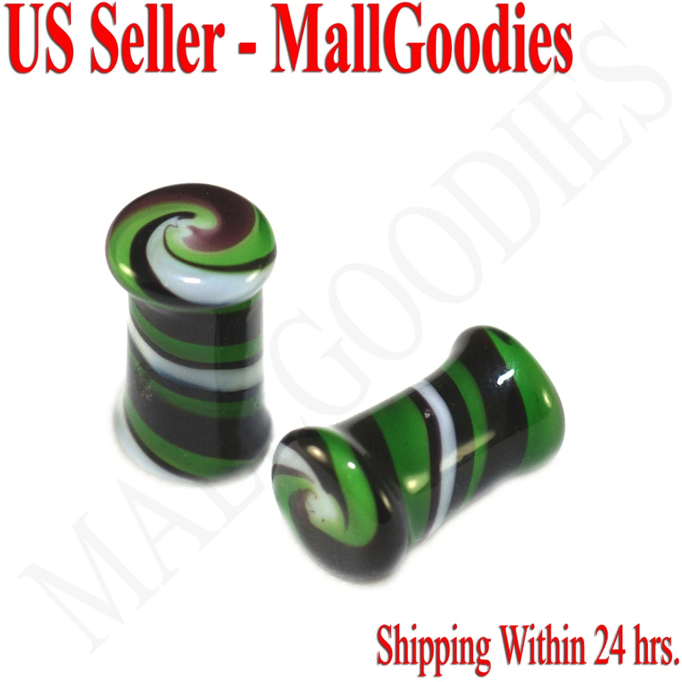 Tampões de ouvido 0176 duplo alargamento verde branco redemoinho vidro selim calibre 2G espiral 6mm - Imagem 1 de 1