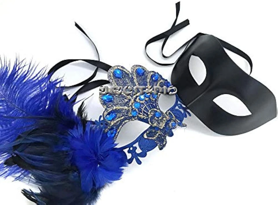 Couples Masquerade Feather Lace eye Mask Pair Mardi Gras Costume Carnival Party - Image 1 of 1