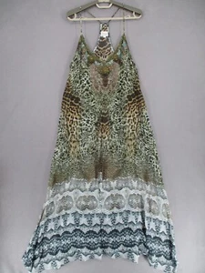 Camilla Dress Womens 1 Beige Blue Brown Silk Embellished Leopard Slit Stretch - Picture 1 of 24