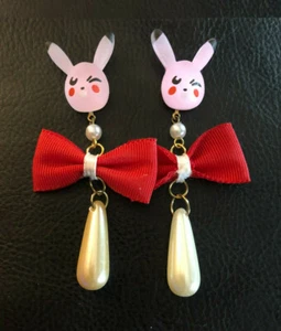 Bunny Rabbit Earrings PINK Kawaii RED Bow Fx Pearl Dangle OOAK Handmade 3" 1557 - Picture 1 of 7