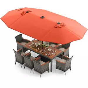 11 PCS Patio Dining Set with 15 ft Double-Sided Patio Umbrella 8 Armchairs - Picture 1 of 11