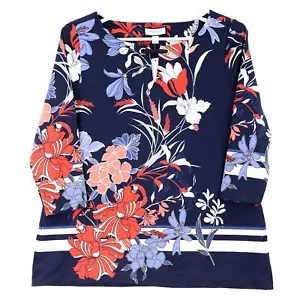 Charter Club 3/4 Sleeves Floral Print Top, Petite Large, Intrepid Blue Combo - Picture 1 of 3