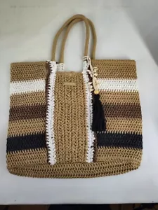 Große Raffia Stroh gewebt gestreift Strandtasche Handtasche Quaste mit Muscheln & Perlen Beuteltasche - Bild 1 von 10