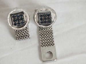 Hickok wrap around MESH silver tone SAPPHIRE BLUE RHINESTONE 9 square CUFF LINK - Picture 1 of 4