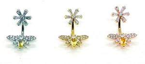 Honeybee Belly Bar Clear CZ Crystal  Daisy Bee Navel Bar Belly Ring 316L - Picture 1 of 7
