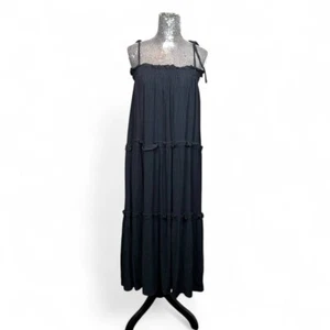 Y2K Minimalist Gauze Black Maxi Dress Medium Smocked Tiered Ruffle Lagom Flowy - Picture 1 of 6