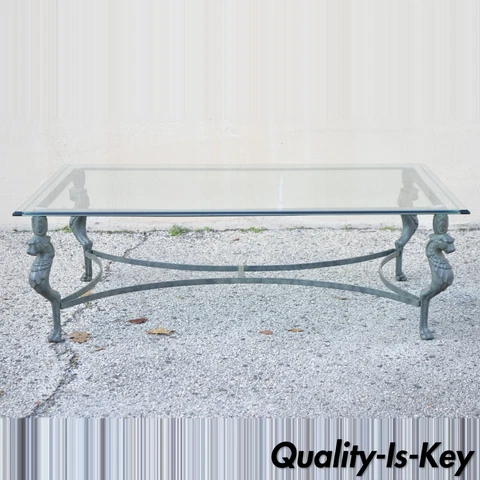 Vintage Regency Neoclassical Style Green Iron and Glass Lion Coffee Table Cover