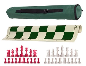 Green Archer Single Weight Chess Set - Board Bag w/ Red & White Pieces - Picture 1 of 5