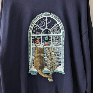 Vintage Granny Sweater Morning Sun Crewneck XL Pullover Cats Mistletoe - Picture 1 of 5