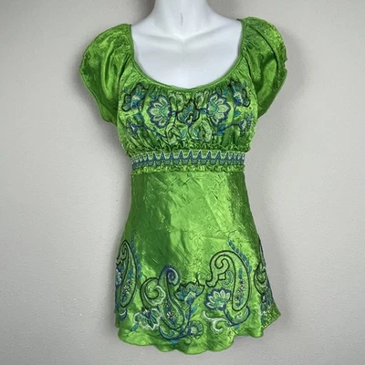 复古 Heart Soul Milkmaid Top L 绿色佩斯利刺绣 Y2K 婴儿娃娃 — 第 1/4 张图片