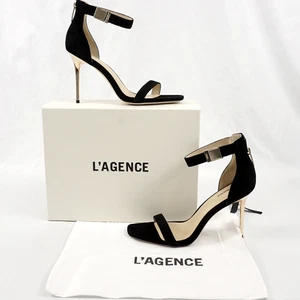 L'agence Thea Ankle Strap Sandal In Black Suede & Gold - US Women's Size 10 - Picture 1 of 11