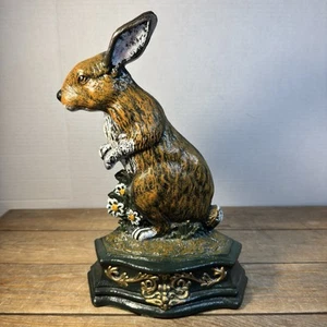 Vintage Cast Iron Door Stop Bunny Rabbit On Grass Pedestal Daisies 11.5” X 7.5” - Picture 1 of 18