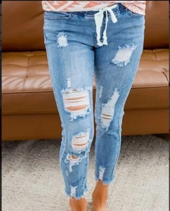 Drawstring Elastic Waist Jeans, DISTRESSED Casual Denim, STRETCH Women's M/6 - Picture 1 of 3