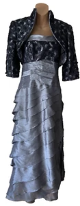 CM Couture Satin Formal  & Lace Dress & Bolero Jacker Size 12 Silver & Black - Picture 1 of 12