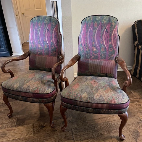 Vintage Queen Anne Gooseneck Wood Office Lounge Arm Chairs Set of 2 Cover