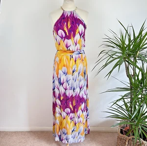 Warehouse Silk Maxi Dress 12 Multicoloured Tribal Feather Gold Halterneck Chain - Picture 1 of 14