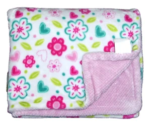 Little Miracles Costco Pink Teal Green Flower Baby Blanket Sweet Snuggles Hearts - Picture 1 of 2