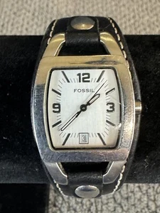 Fossil Women JR8129 Wide Black Leather White Dial Date Analog Watch new battery - Picture 1 of 5