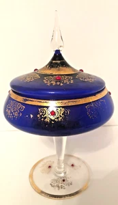 Vintage italienische Süßigkeiten/Apotheker Kobaltblau Gold Zierleiste rote Juwelen handgeblasen - Bild 1 von 15
