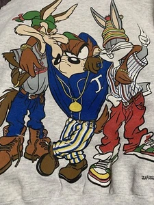 Vintage 1993 Looney Tunes Taz Bugs Bunny Coyote 2 Sided Sweatshirt Sz L - Picture 1 of 9