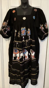 NWT Vintage Sante 2X Caftan Long House Dress Maxi Black Painted Elephants Cotton - Picture 1 of 8