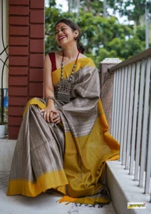 Khadi Cotton Saree Women Ethnic Wear Handloom Sari With Running Blouse Piece - Picture 1 of 5