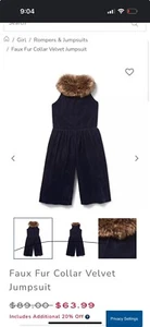 Janie And Jack Girls Navy Sleeveless Velvet Faux Fur Collar Jumpsuit, Sz 3 - Picture 1 of 8