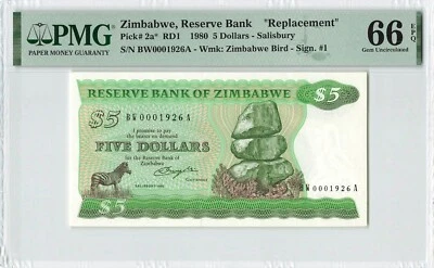 ZIMBABWE 5 Dollars 1980, P-2a* REPLACEMENT Low # BW0001926A, PMG 66 EPQ UNC RARE - Image 1 of 2