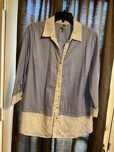 Anne Klein Women Shirt Blue White Pinstripe Button Front Lacey Hemline XL - Picture 1 of 4