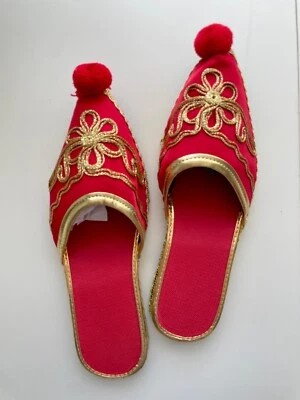 Red Babouche Henna Night Slippers with Gold Embroidery - EU Size 39 / UK Size 6 - Image 1 of 4