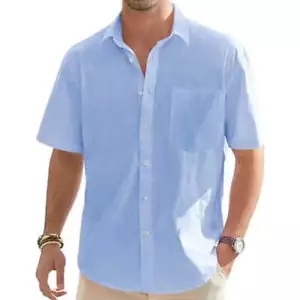 Mens Cotton Blend Casual Loose Fit Short Sleeve Button Down Cardigan Shirt, Summ - Picture 1 of 28