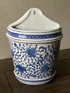 Vintage Chinoiserie chinesisch blau & weiß Pflanztopf Wand Übertopf floral gestempelt - Bild 1 von 13