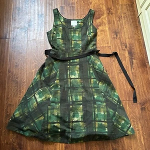 Anthropologie Maeve Dress Size 6 Green Painted Plaid Fit & Flare Sash Women's - Picture 1 of 16