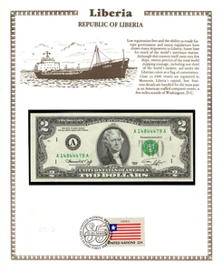 United States Banknote 2 Dollars 1976 UNC w/FDI UN Liberia FLAG STAMP A14844479A - Picture 1 of 3