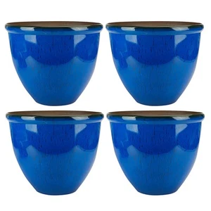 [Set of 4] Ceramic Glaze Plastic Plant Pot 30cm Round Garden Planter - Dark Blue - Picture 1 of 10