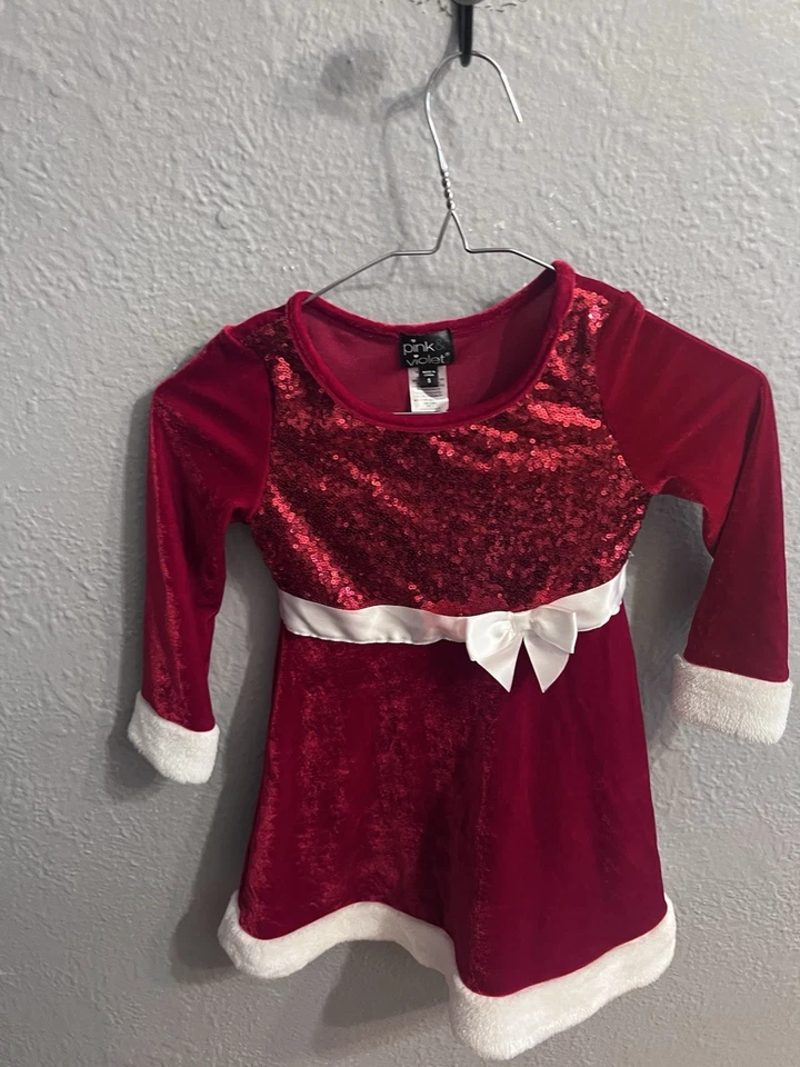 Girls Pink & Violet Dress Red velvet  white fur sequin  Santa style Size 5 - Image 1 of 4
