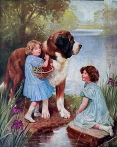 Faithful, Vintage RA Fox Pseudonym J Colvin 8x10 Print, Two Girls & St. Bernard - Picture 1 of 5