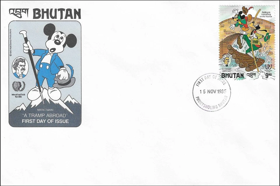 Goofy And Mickey Rafting Mark Twain A Tramp Abroad Disney Bhutan FDC 1985 - Image 1 of 1