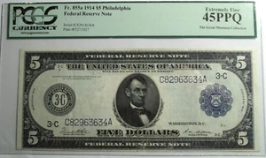 PCGS 1914 $5 FRBN Philadelphia (3-C) EF - 45 PPQ FR#855A - Picture 1 of 2