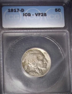1917-D Buffalo Nickel, ICG VF25, Tough Date, Issue Free - Picture 1 of 4