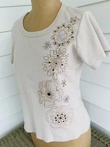 Sasha Short Sleeve Shirt Size Large Beige Sequin Floral Embellished Preowned - Picture 1 of 5