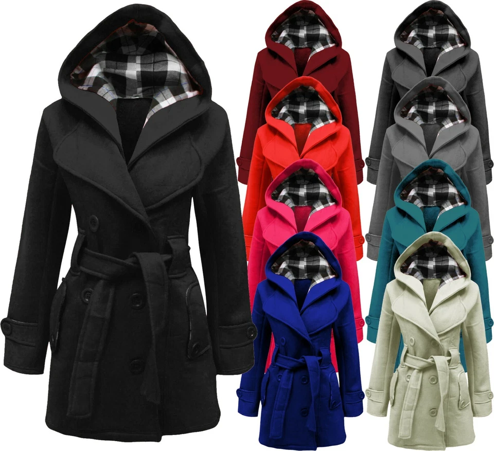 Damen Übergangsjacke Lang Mantel Jacke Hoodie Kapuze Fleece Sweatjacke mit Knopf - Bild 1 von 1