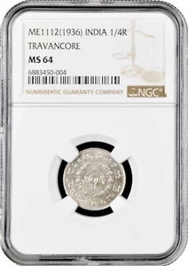Travancore 1/4 rupee ME1112 (1936), NGC MS64, "Chithira Thirunal (1924 - 1949)" - Picture 1 of 2