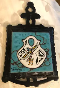 Cleo Teissedre Native American Art Tile Trivet with Metal Pottery Dancer - Picture 1 of 3